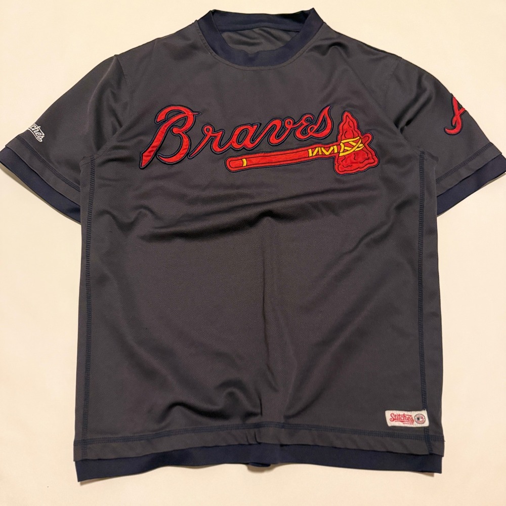Stitches Atlanta Braves Shirt Mens S Gray Short Sleeve Embroidered MLB Tomahawk